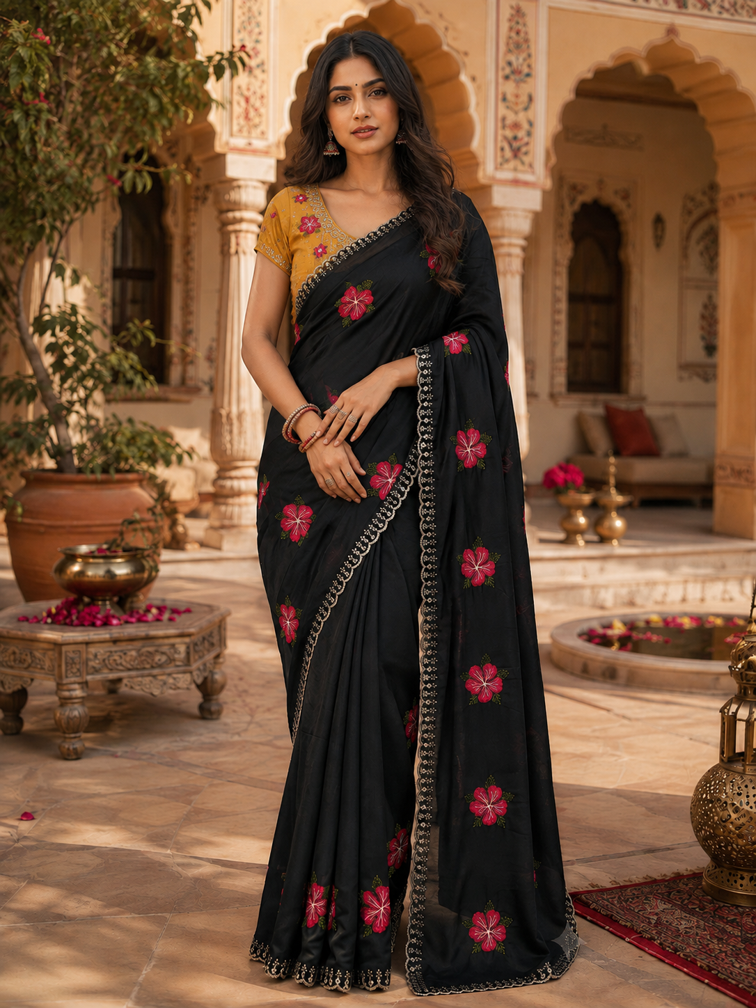 Soft Rangoli Silk Embroidery & Mirror Work saree With Unstitched Blouse(Black)
