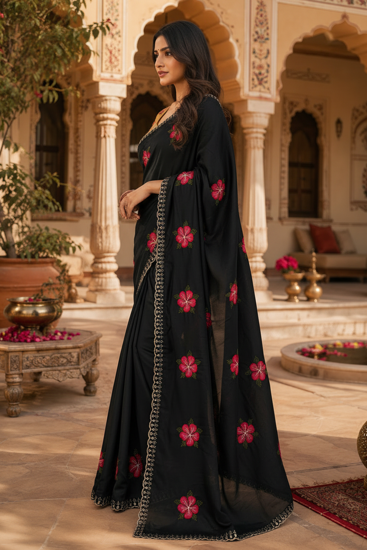 Soft Rangoli Silk Embroidery & Mirror Work saree With Unstitched Blouse(Black)