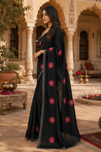 Soft Rangoli Silk Embroidery & Mirror Work saree With Unstitched Blouse(Black)