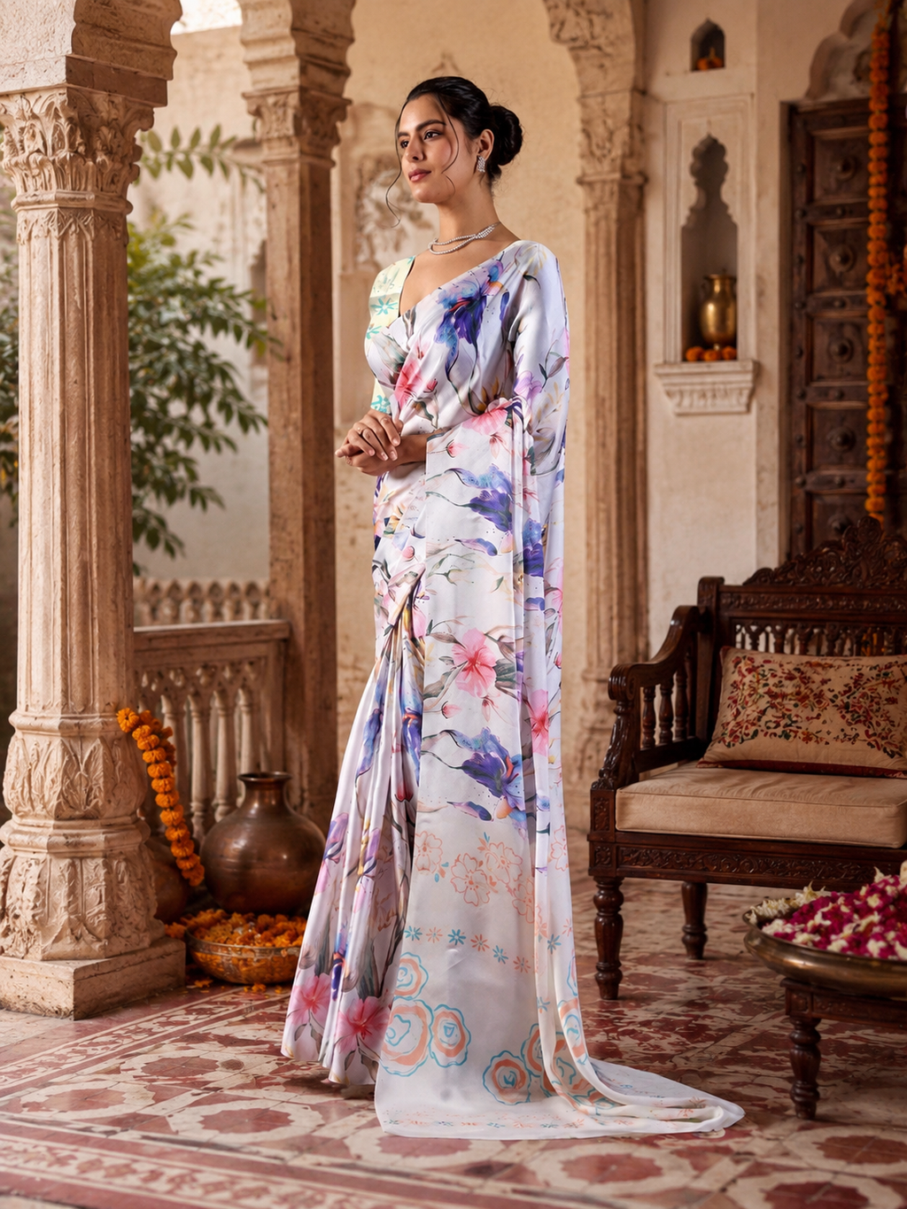 Satin Silk Digital Printed Saree With Unstitched Blouse(White)