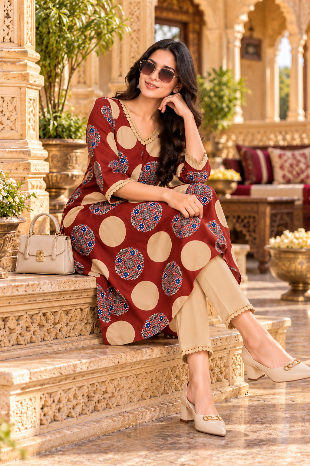 Cotton Printed Kurti Pant Two Piece Set(Red)