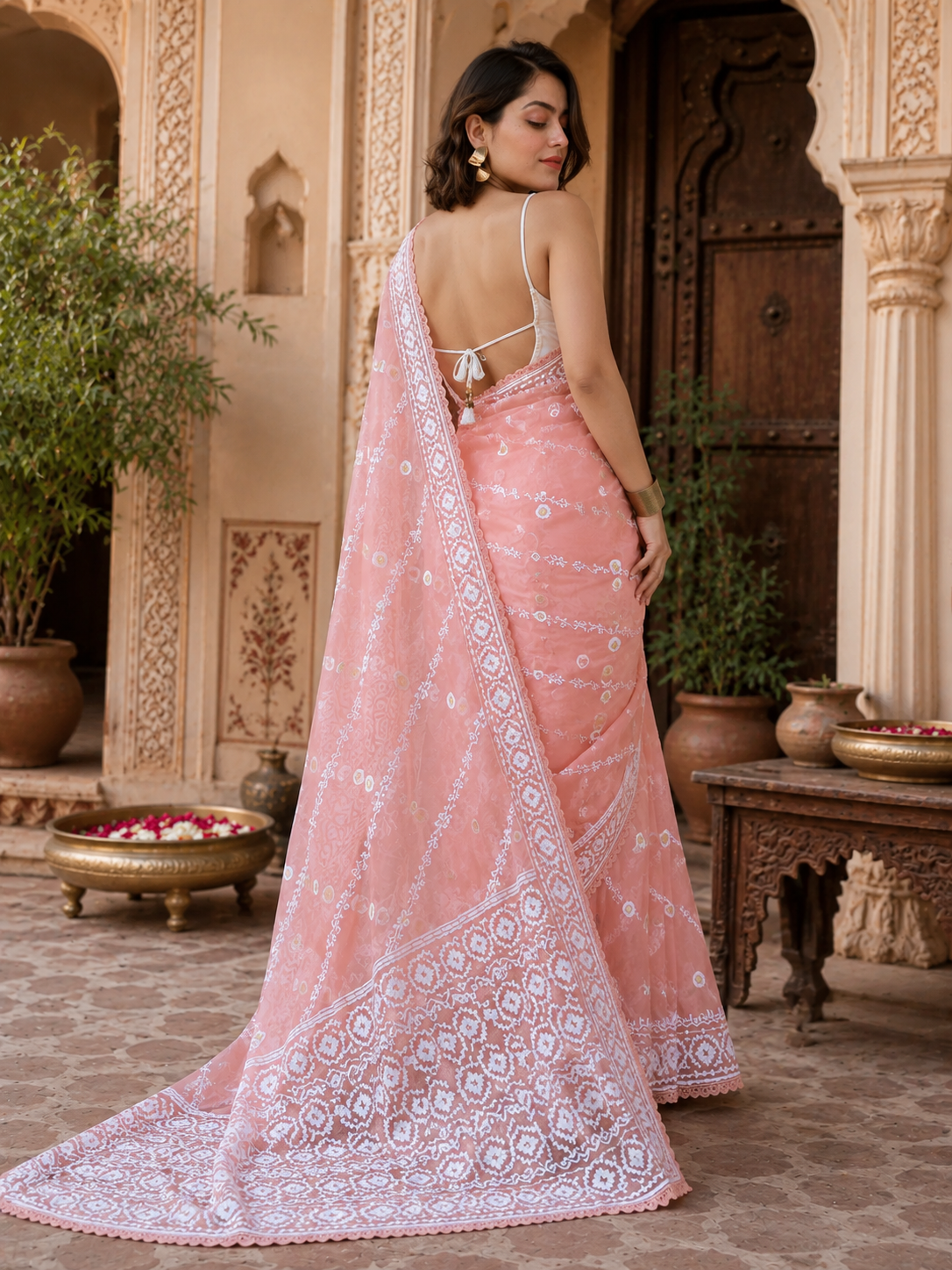 Organza Silk Embroidery Work Saree with Unstitched Blouse(Baby Pink)