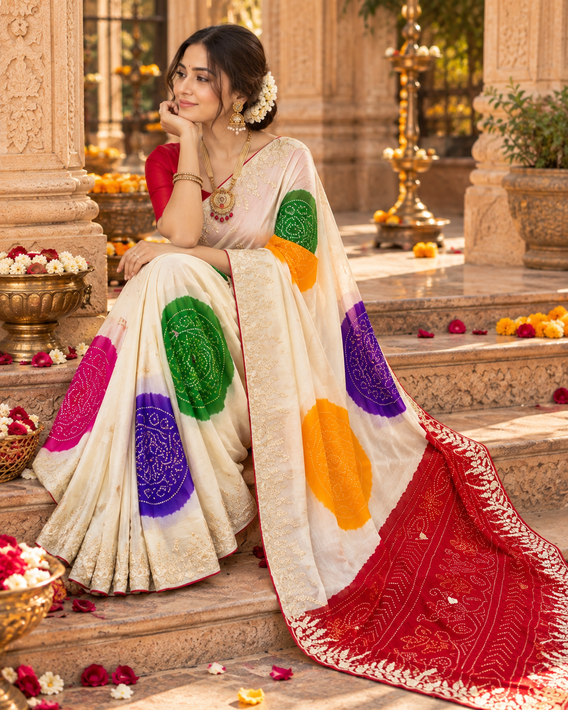 Chiffon Silk Sequin Work Saree With Unstitched Blouse(White)
