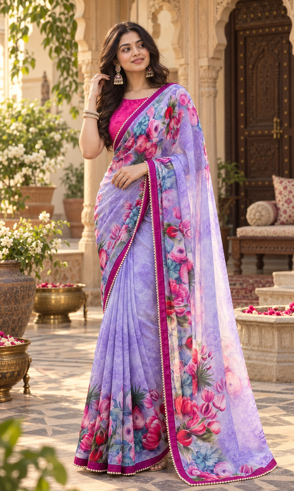 Georgette Digital Printed Saree With Unstitched Blouse(Purple)