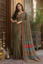 Premium Crepe Silk Saree With Unstitched Blouse(Dark Green)