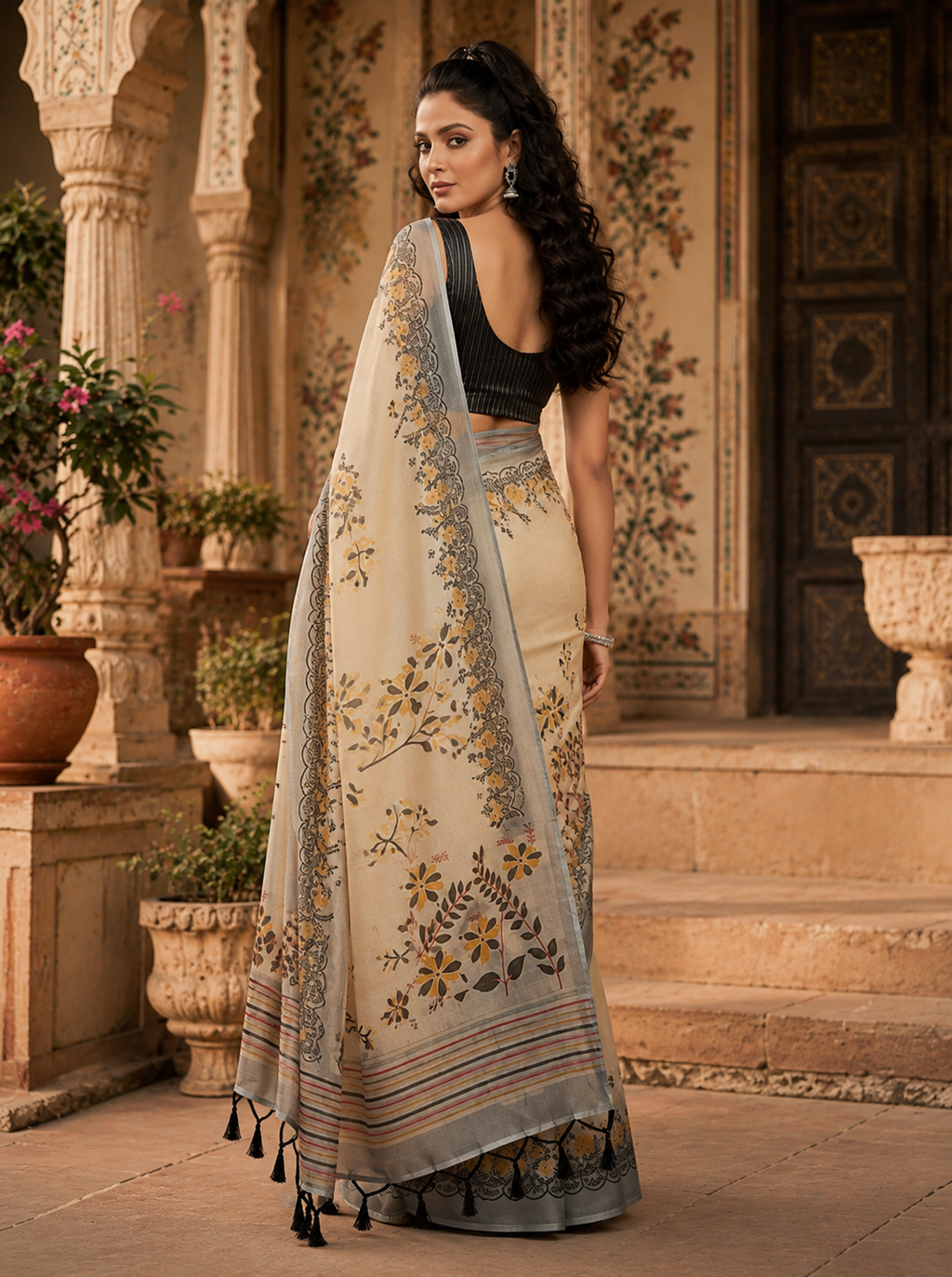 Blooming Linen Digital Printed Saree With Unstitched Blouse(Beige)