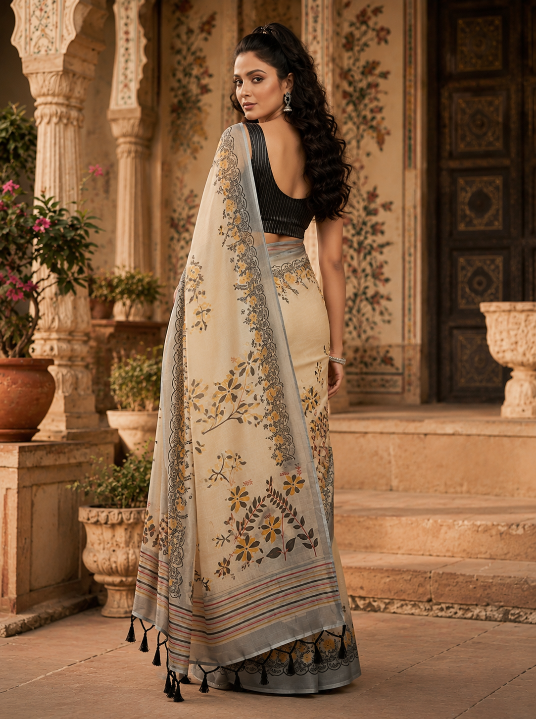 Blooming Linen Digital Printed Saree With Unstitched Blouse(Beige)