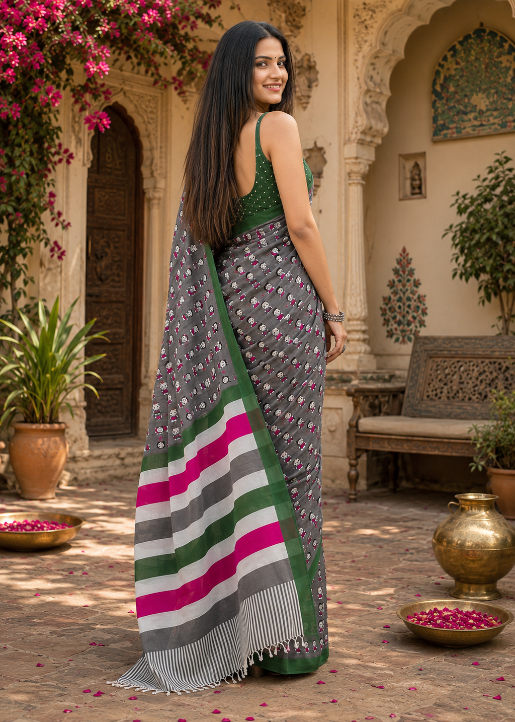 Mulmul Cotton Bagru Block Print Saree With Unstitched Blouse(Black)