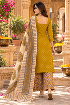 Soft Cotton Kurti Pant Set With Dupatta(Yellow)