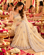 Pure Space Silk Embroidery Work Saree With Unstitched Blouse(Cream)