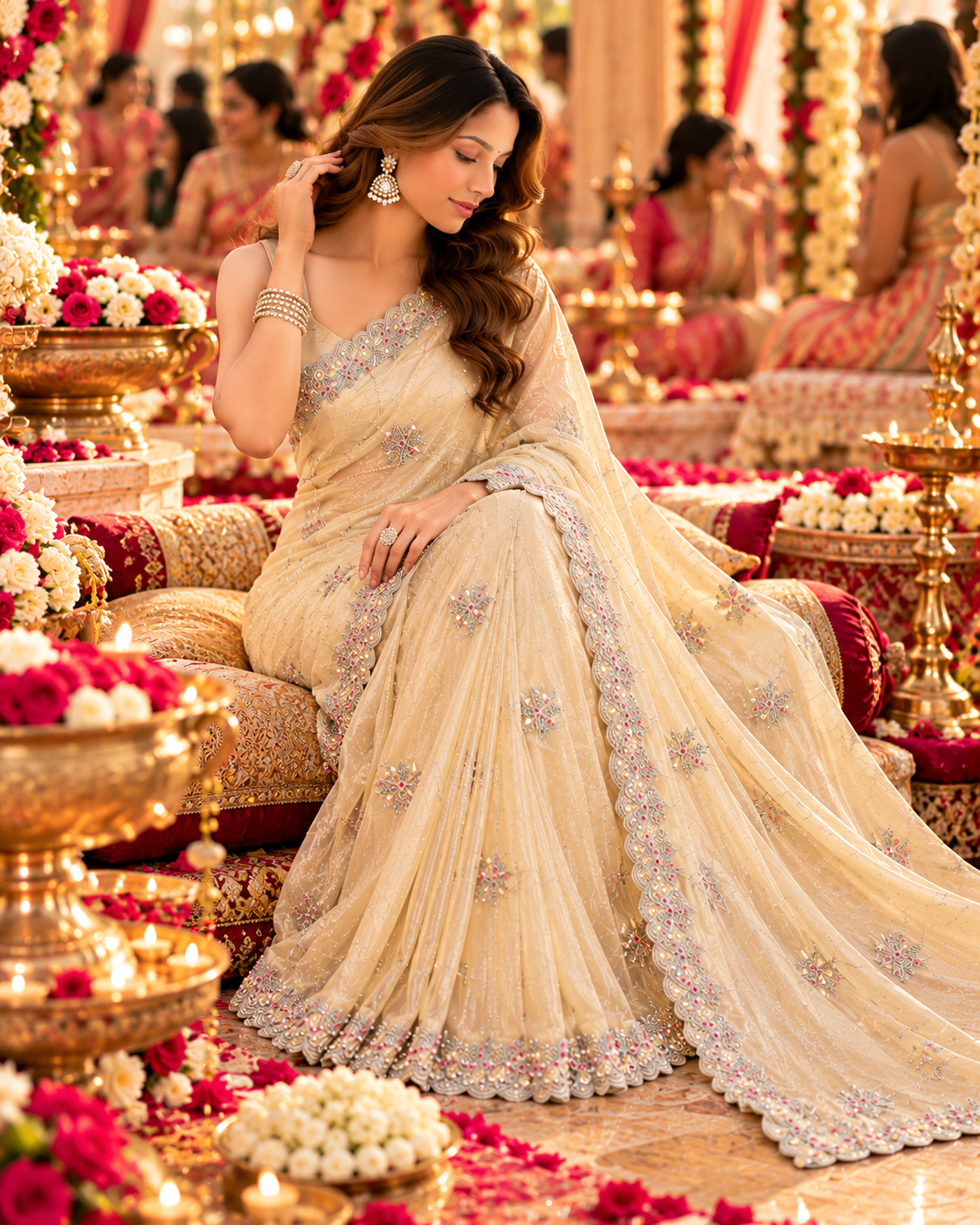 Pure Space Silk Embroidery Work Saree With Unstitched Blouse(Cream)