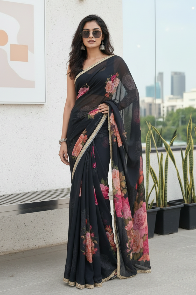 Georgette Floral Printed Saree With Unstitched Blouse(Black)