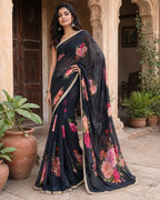 Georgette Floral Printed Saree With Unstitched Blouse(Black)
