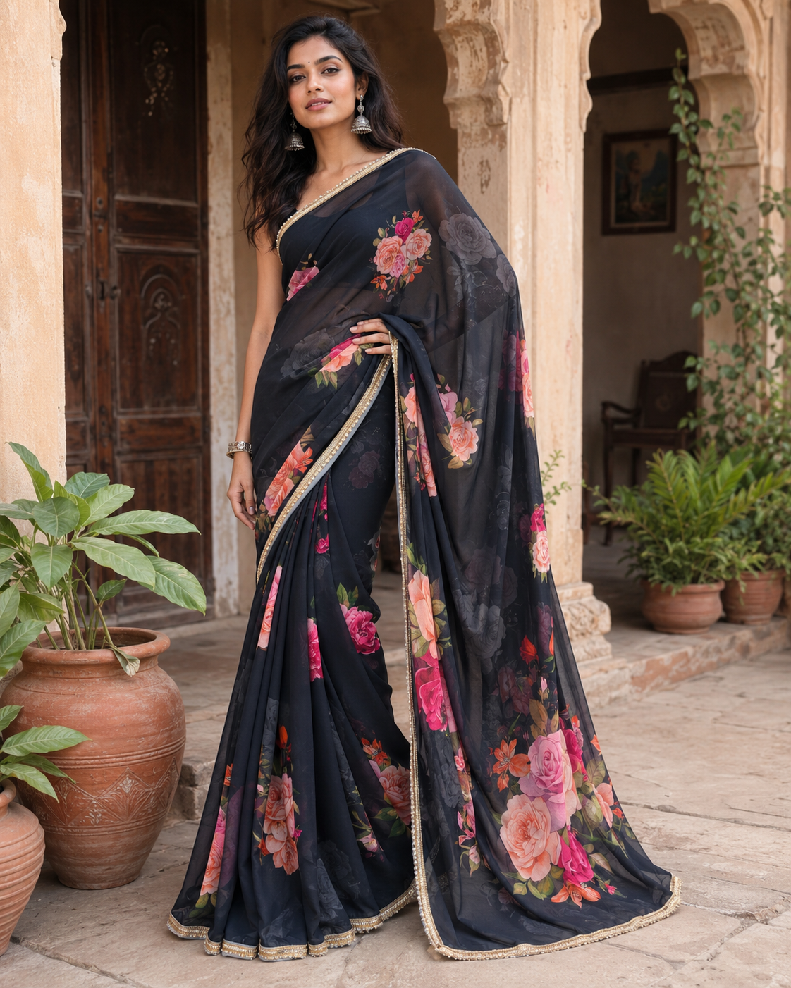 Georgette Floral Printed Saree With Unstitched Blouse(Black)