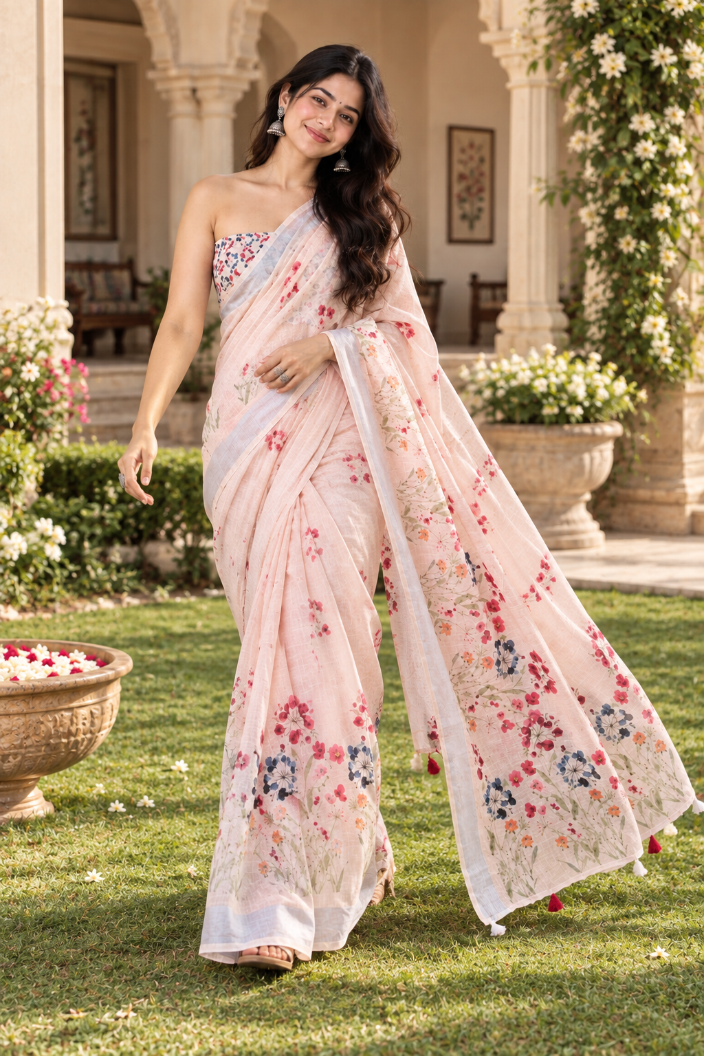 Linen Silver Zari Border Fumka Latakan Saree With Zari Border Unstitched Blouse (Cream)