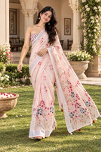 Linen Silver Zari Border Fumka Latakan Saree With Zari Border Unstitched Blouse (Cream)