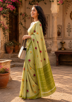 Soft Pure Mulmul Cotton Printed Saree With Unstitched Blouse(Green)