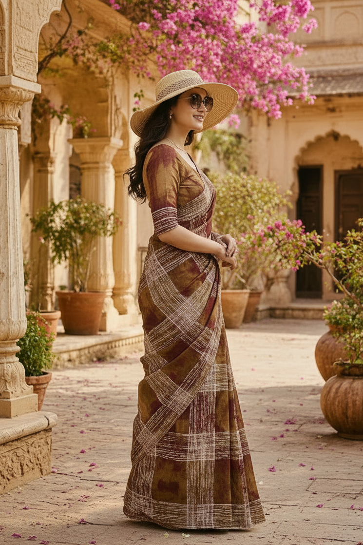 Mulmul Cotton Printed Saree With Unstitched Blouse(Brown)