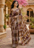 Mulmul Cotton Printed Saree With Unstitched Blouse(Brown)