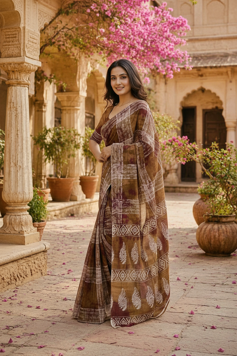 Mulmul Cotton Printed Saree With Unstitched Blouse(Brown)