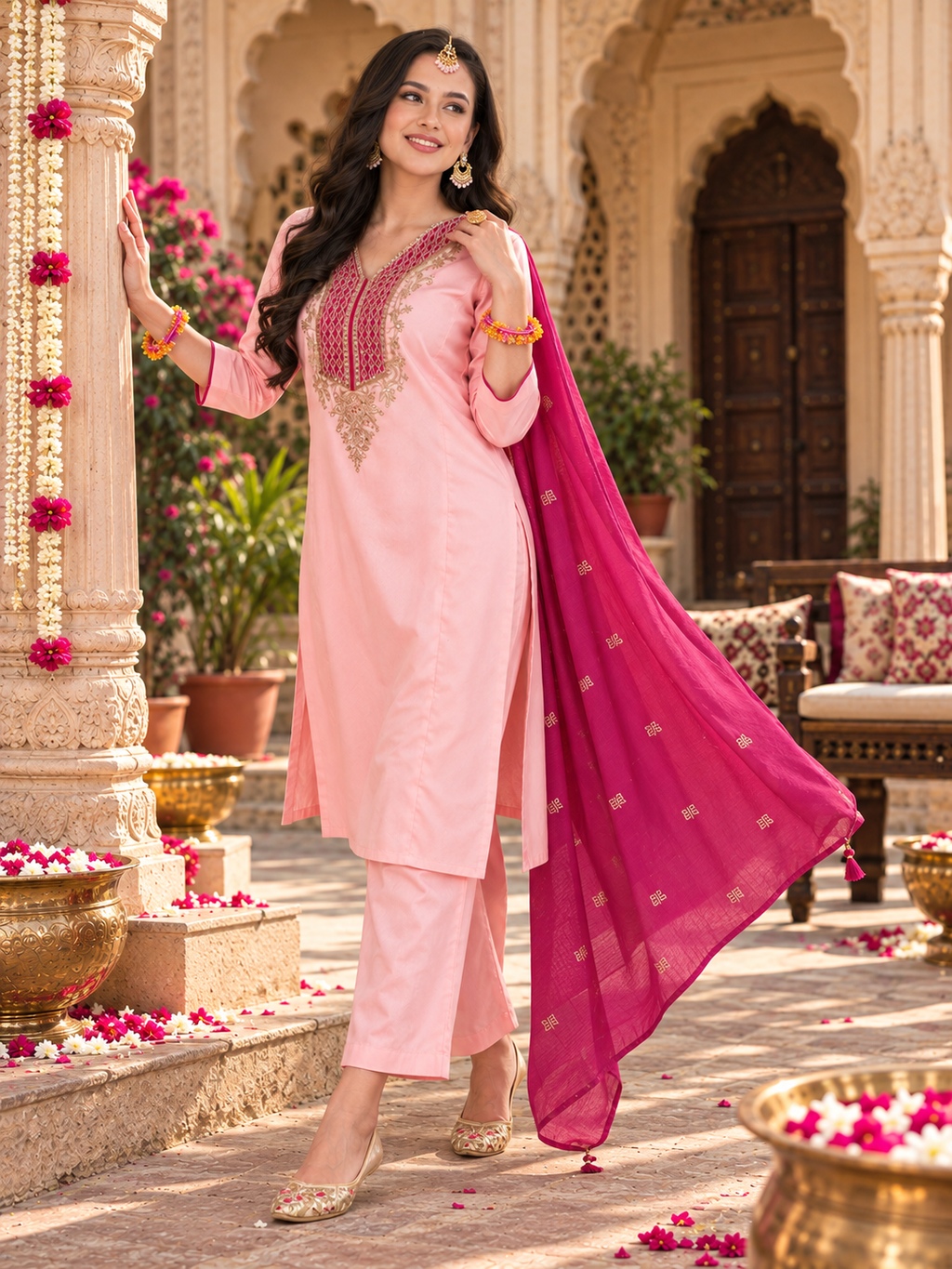 Simar Silk Party Wear Kurti Palazzo Set With Dupatta(Pink)