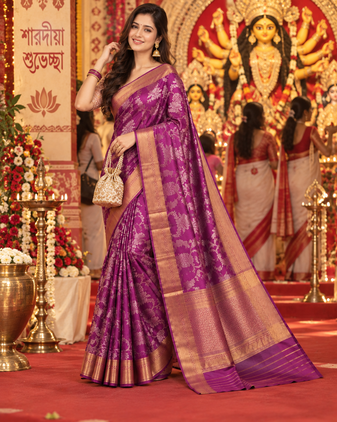 Premium Banarrasi Silk Saree With Unstitched Blouse(Violet)