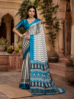 Load image into Gallery viewer, Satin Silk Ajrakh Print Saree With Unstitched Blouse(Blue)
