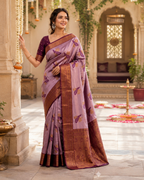 Pure Banarasi Silk Saree With Unstitched Blouse(Lavender)