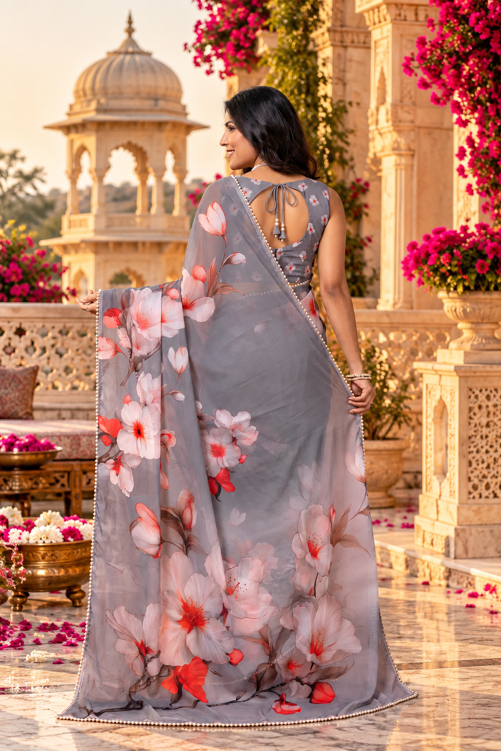 Premium Georgette Digital Print Moti Lace Work Saree With Unstitched Blouse(Grey)