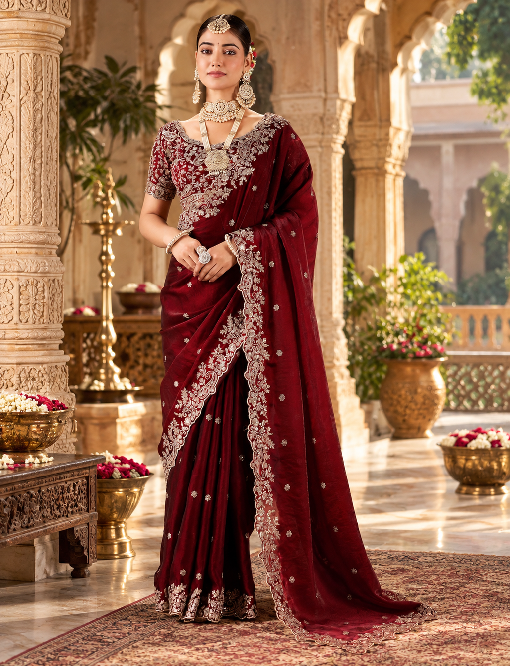 Satin Silk Embroidery Sequin Work Saree With Unstitched Blouse(Red)