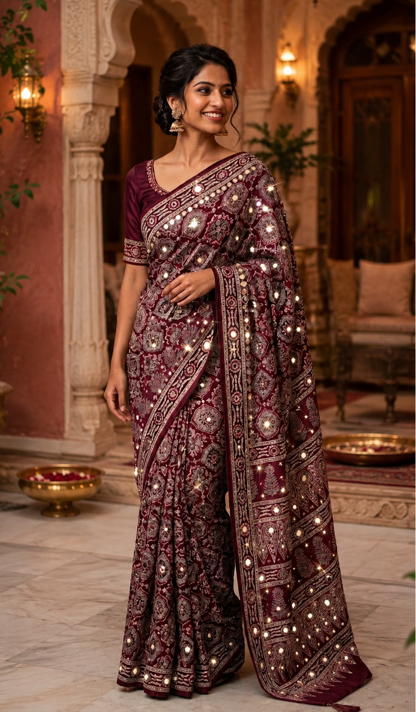 Premium Satin Ajrakh Printed Mirror Work Saree With Unstitched Blouse(Wine)