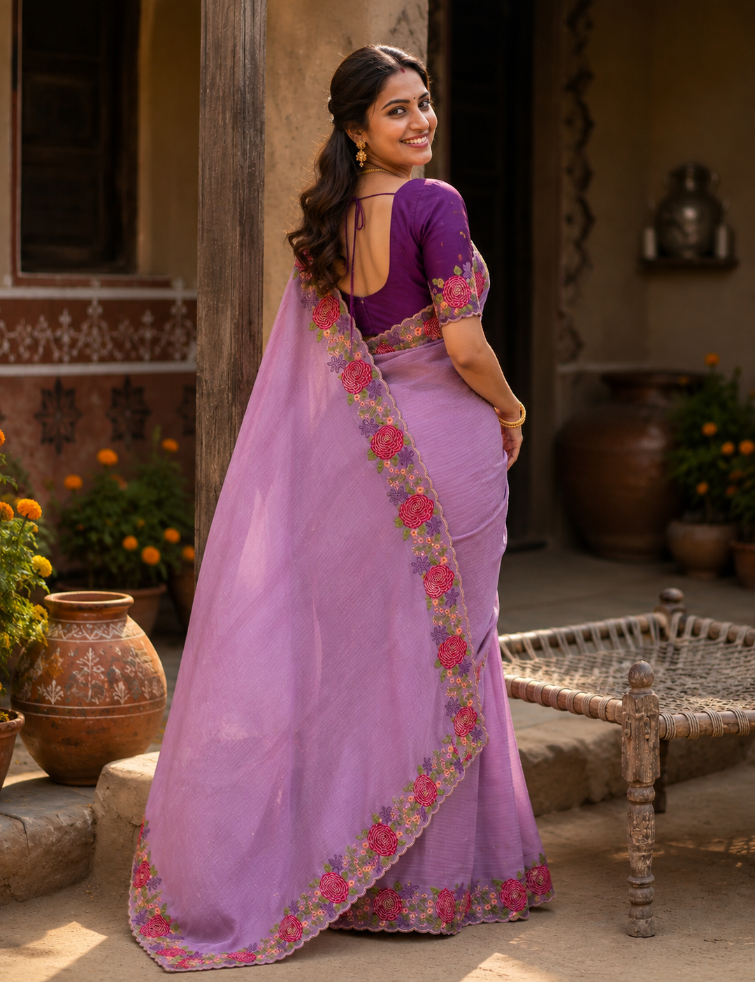 Star Georgette Heavy Work Saree With Unstitched Blouse(Lavender)