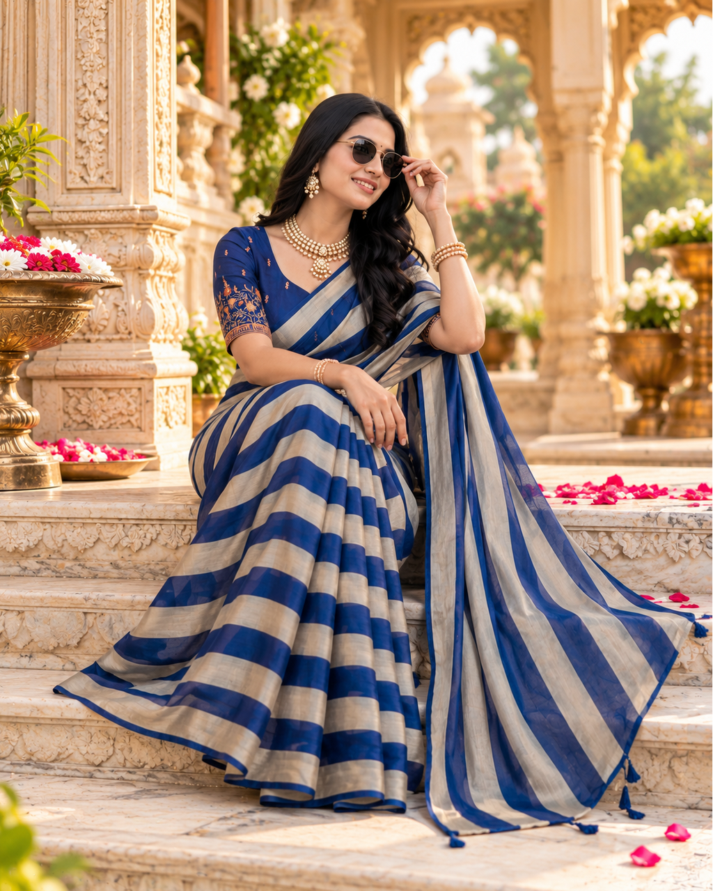 Chiffon Silk Designer Saree With Unstitched Blouse(Blue)