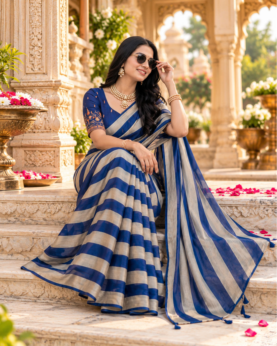 Chiffon Silk Designer Saree With Unstitched Blouse(Blue)