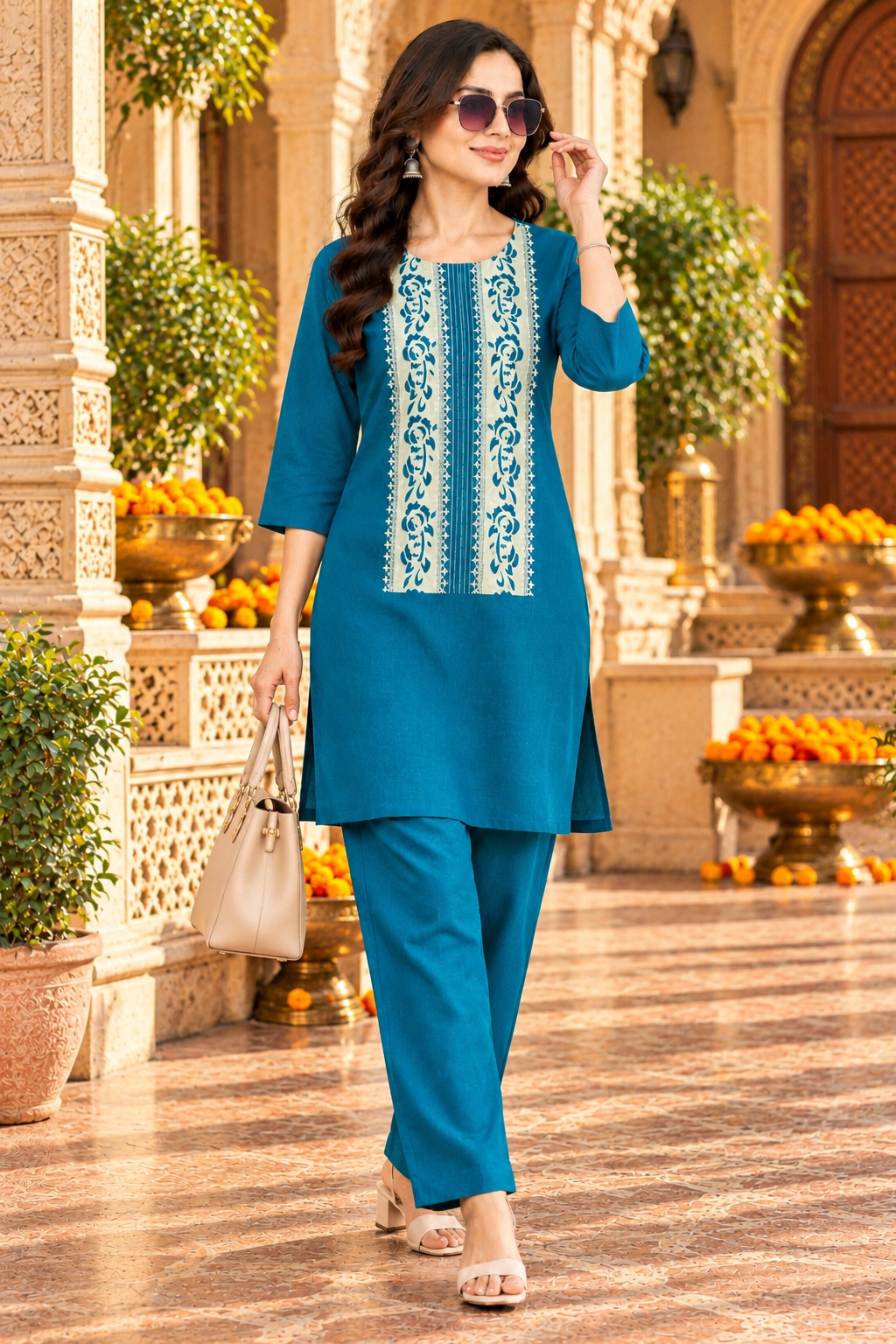 Cotton Kurti Pant Two Piece Set(Sky)
