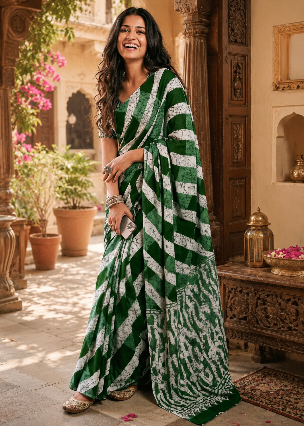 Mulmul Cotton Batik Hand Block Printed Saree With Unstitched Blouse(Green)