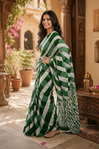 Mulmul Cotton Batik Hand Block Printed Saree With Unstitched Blouse(Green)