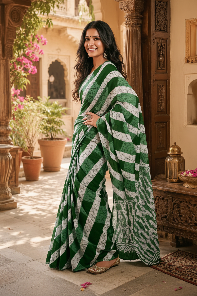 Mulmul Cotton Batik Hand Block Printed Saree With Unstitched Blouse(Green)
