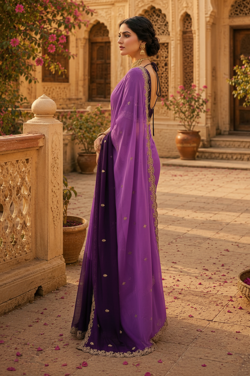 Georgette Border Work Saree With Unstitched Blouse(Lavender)