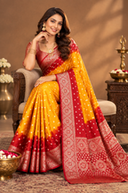 Satin Silk Bandhan Bhej Zari Border Work Saree With Unstitched Blouse(Yellow)