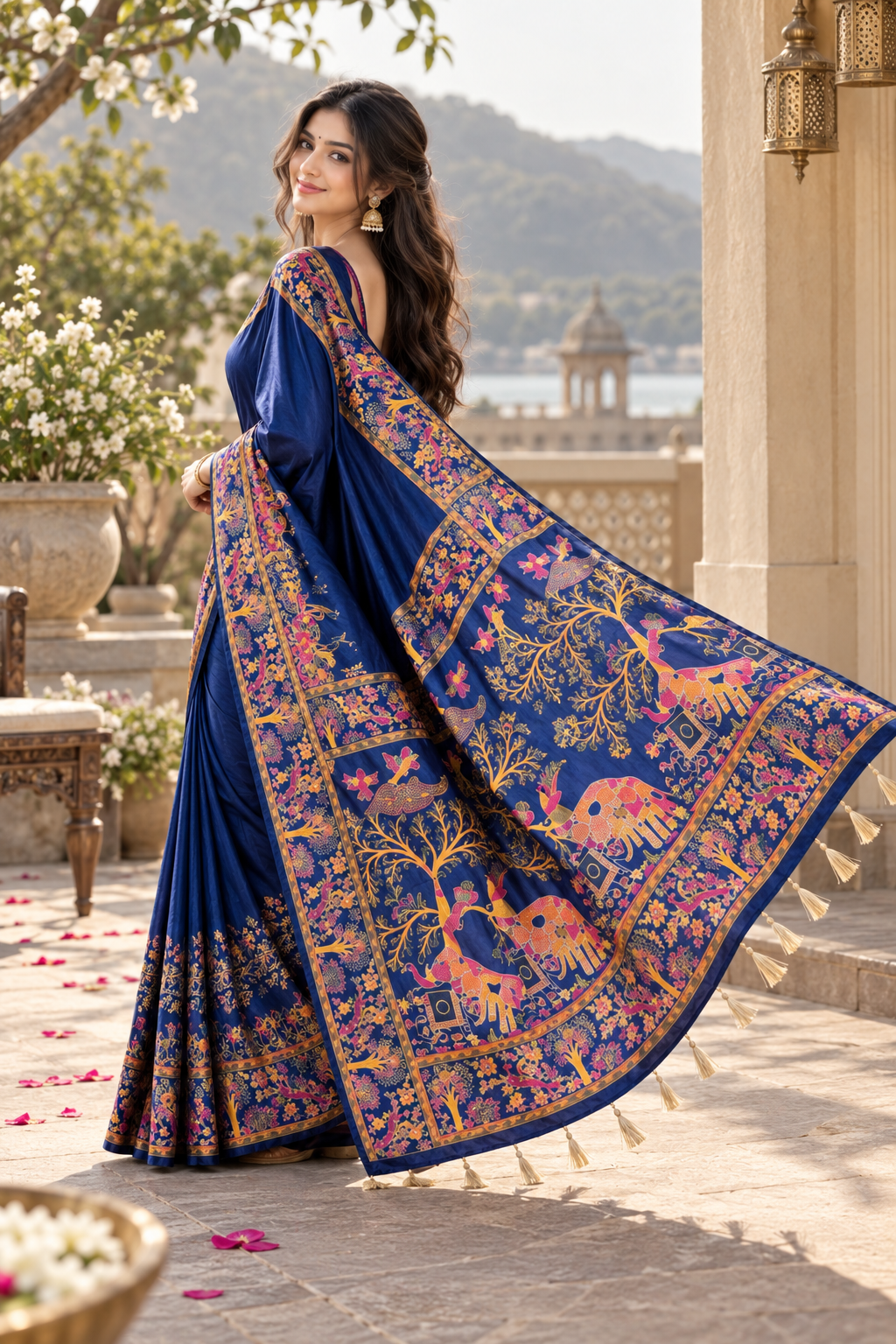 Premium Pashmina Kashmiri  Meenakari Weaves Tassels Saree (Blue )