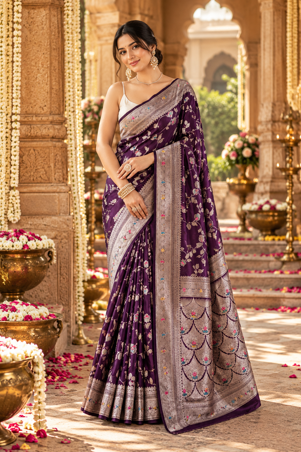 Banarasi Silk Zari Border Work Saree With Unstitched Blouse(Purple)