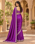 Premium Satin Silk Sequin Thread Work Saree with Unstitched Blouse(Purple)