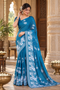 Satin Silk Printed Saree With Unstitched Blouse(Blue)