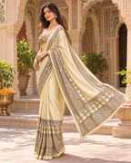 Pure Silk Mirror Work Border Handcrafted Tassels Latkan Saree With Unstitched Blouse(Ivory)