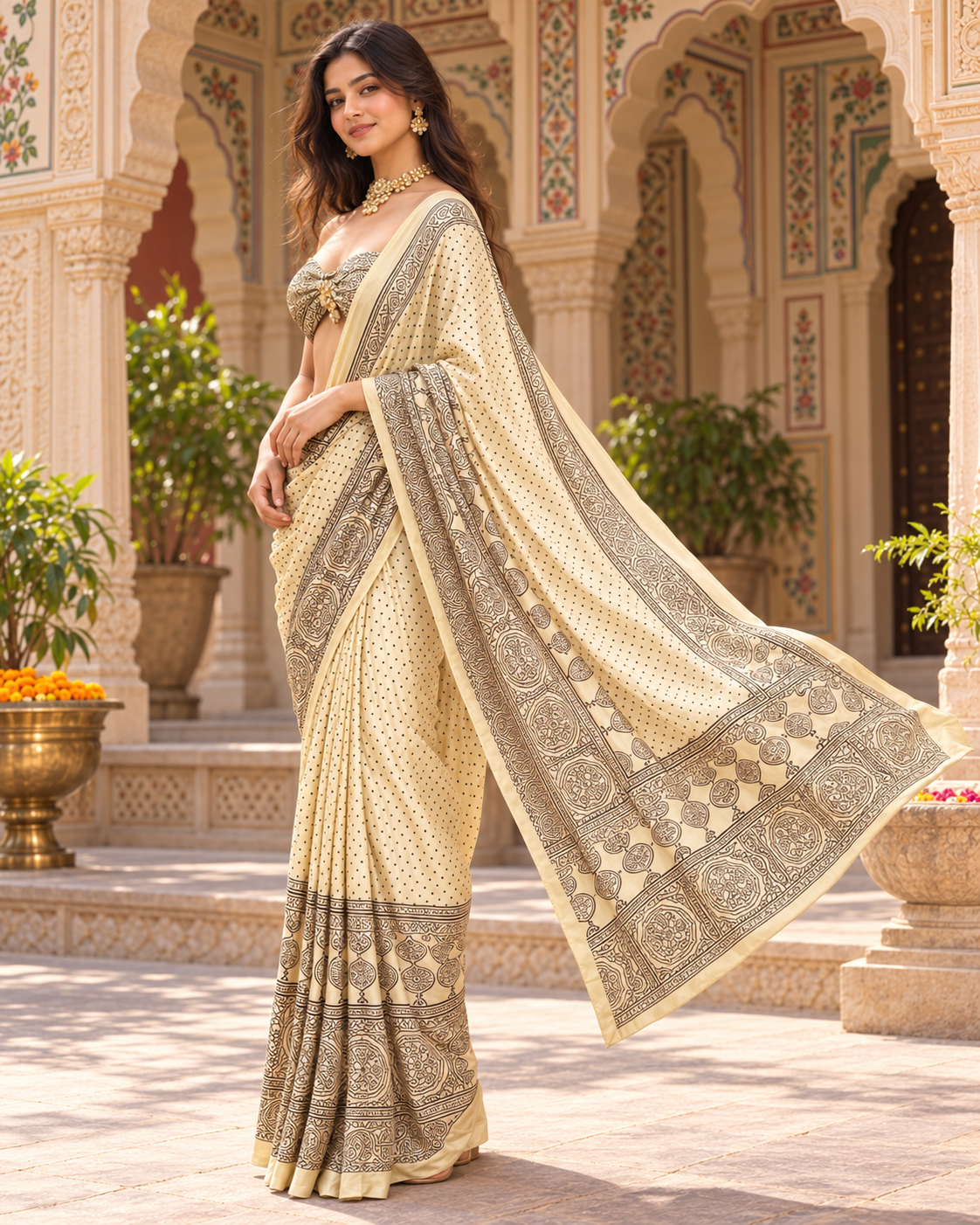 Pure Silk Mirror Work Border Handcrafted Tassels Latkan Saree With Unstitched Blouse(Ivory)
