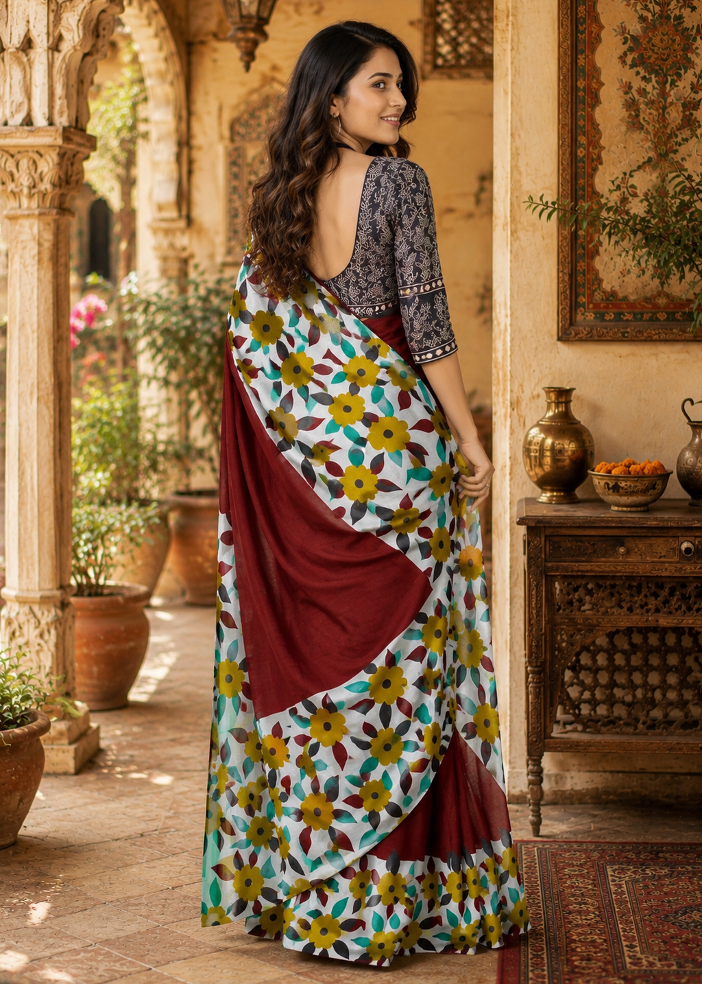 Soft Mulmul Cotton Block Printed Saree With unstitched Blouse(Red)