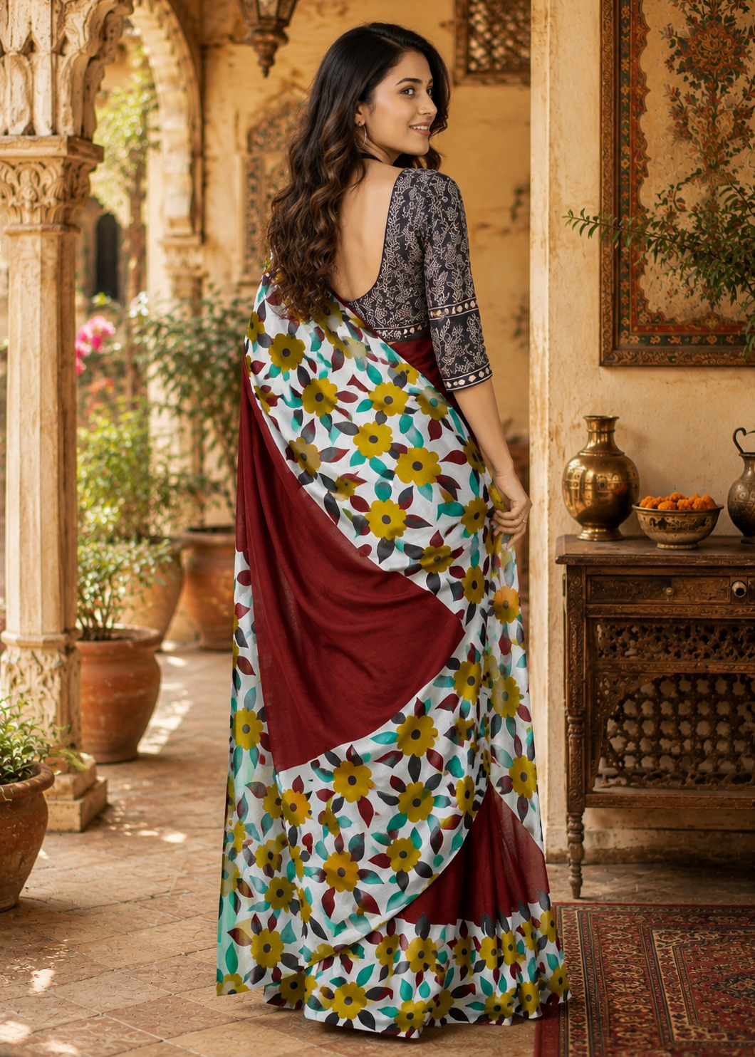 Soft Mulmul Cotton Block Printed Saree With unstitched Blouse(Red)