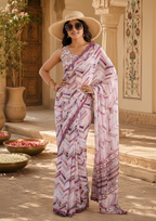 Georgette Printed Mirror Work Saree With Unstitched Blouse(Cream)