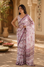 Georgette Printed Mirror Work Saree With Unstitched Blouse(Cream)
